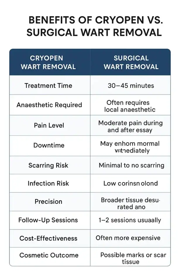 Table showing the benefits of cryopen to remove warts Berkhamsted compared to surgical treatment