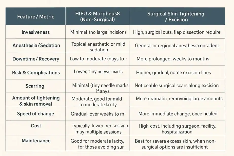 Table showing benefits of Lipo Freeze 2 U Berkhamsted treatments for skin tightening following weight loss injections.